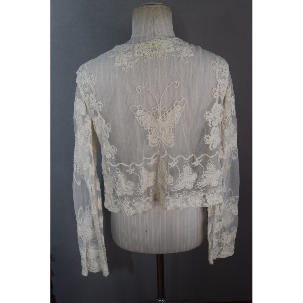 Ivory Lace Butterfly Sheer Mesh Cardigan Medium Open Front Boho Finn Clover
